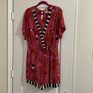 Pink, black parrot romper. Large.